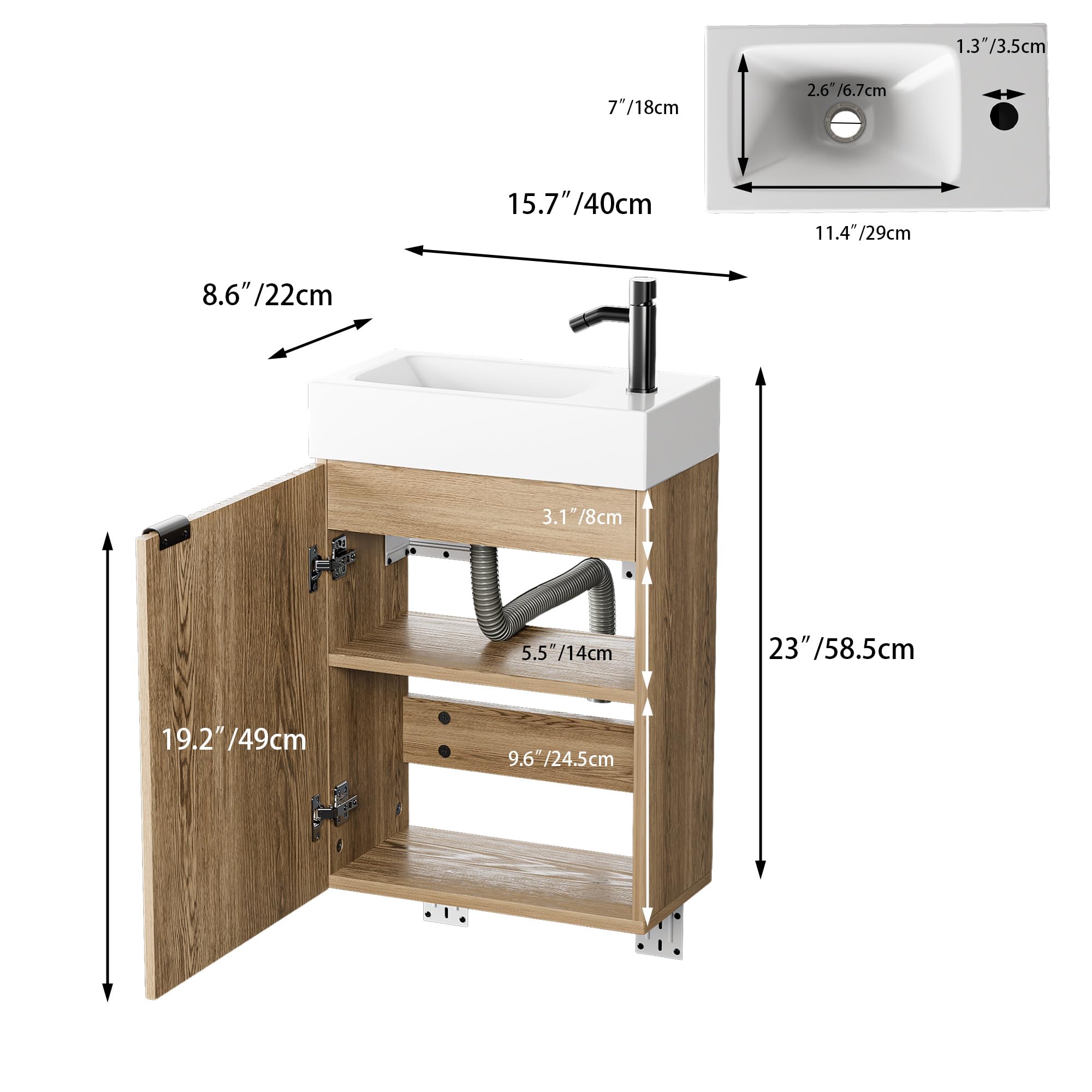 Meuble sous Lavabo Meuble de Rangement pour Salle de Bain Petit Lavabo, Armoire de Salle de Bain, sans robinetterie (Bois Naturel, 40x22x58cm)