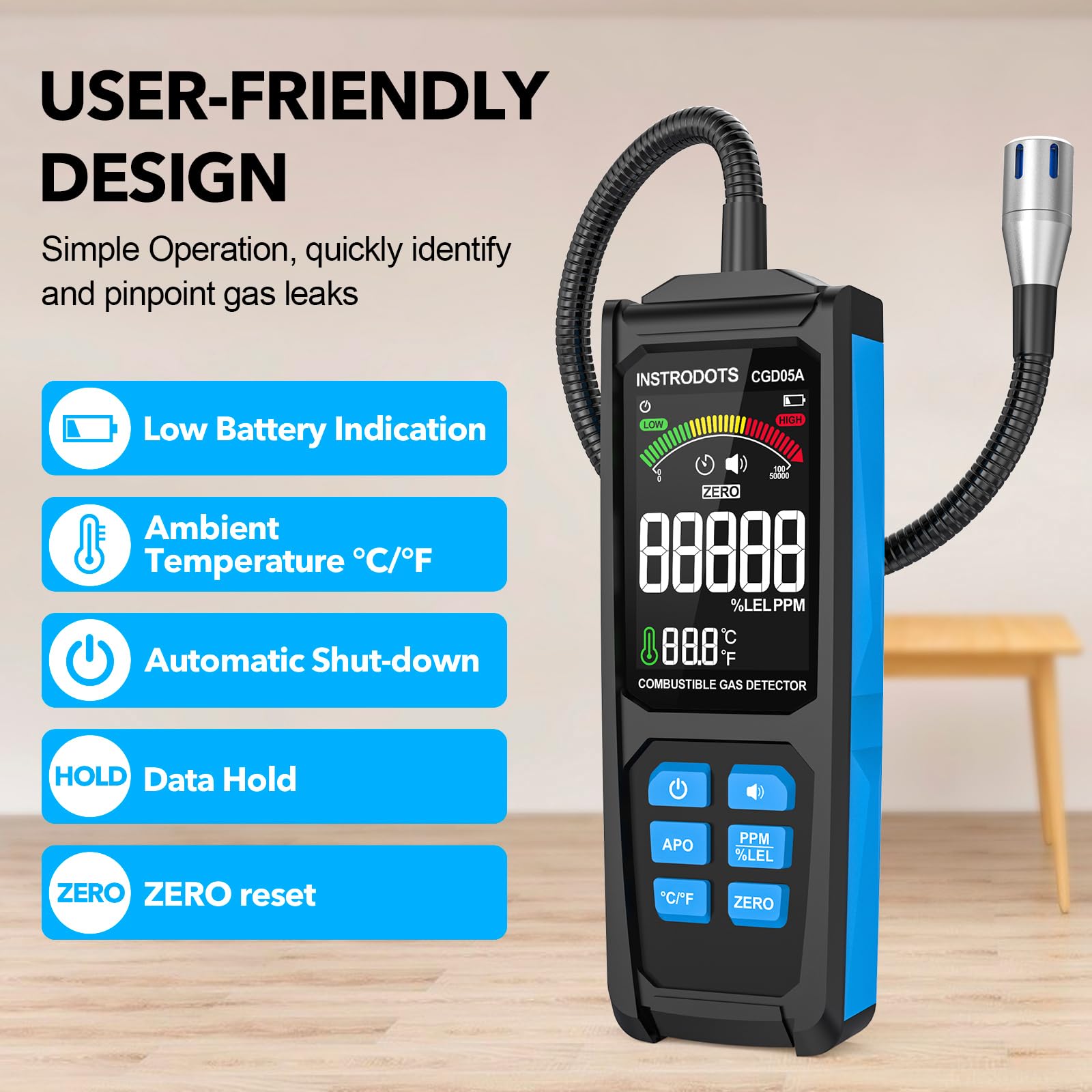 Detector de gas natural, detector de fugas de gas con alarma audible y visual, sensor de gas recargable con cuello de cisne de 11.3 pulgadas, localización de propano, gas natural, fugas de