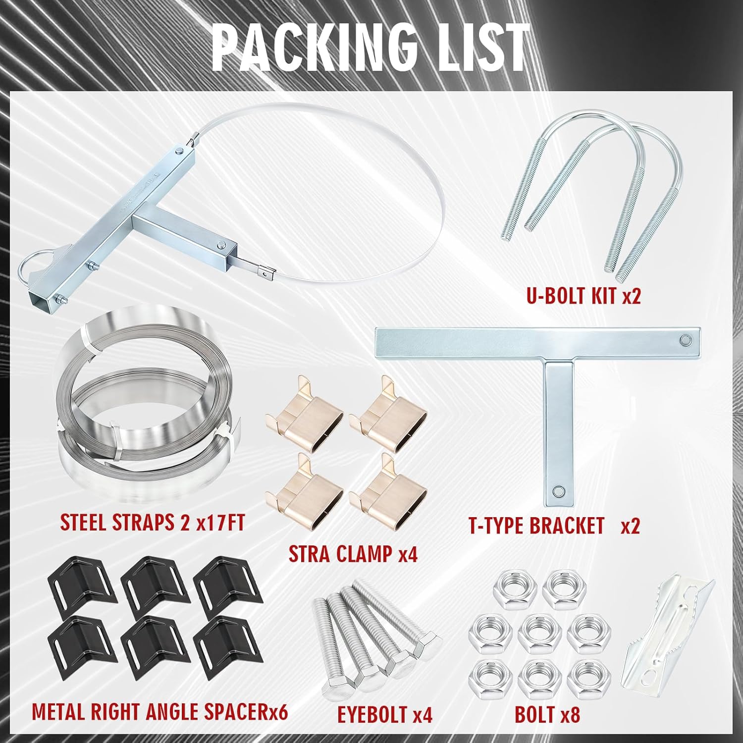 Blulu 煙突アンテナ取り付けキットには、3.25cm-2インチのアンテナマストと2つの43.25cmの亜鉛メッキスチールストラッ