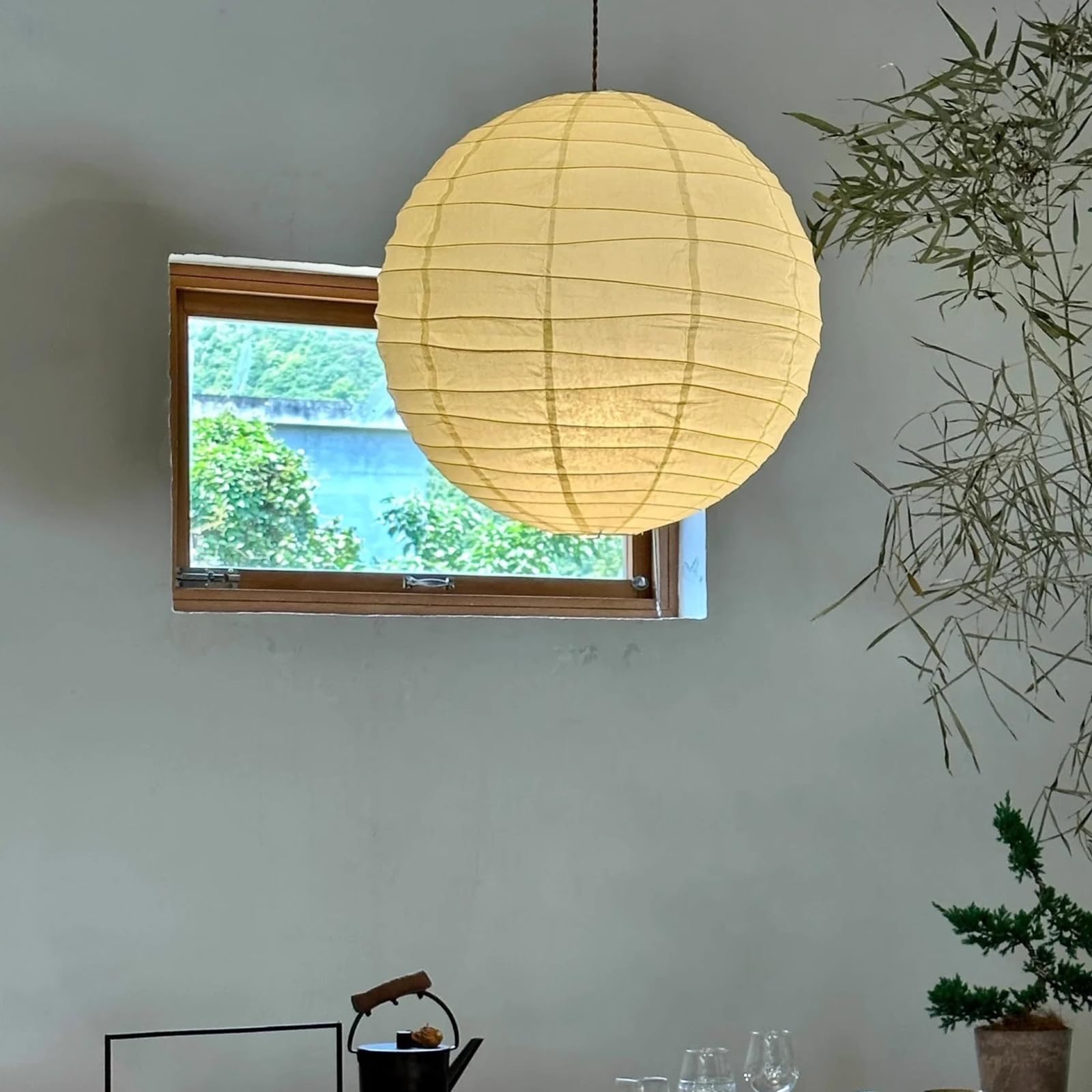 Papier Ryżowy Kulisty Latarnia Styl Japoński Wabi-sabi Lampa Wisząca Nieregularny Bambus Lampy Wiszące Do Sypialni Salonu Gabinetu Kawiarni(75cm, 40W,3 Color Temperature)