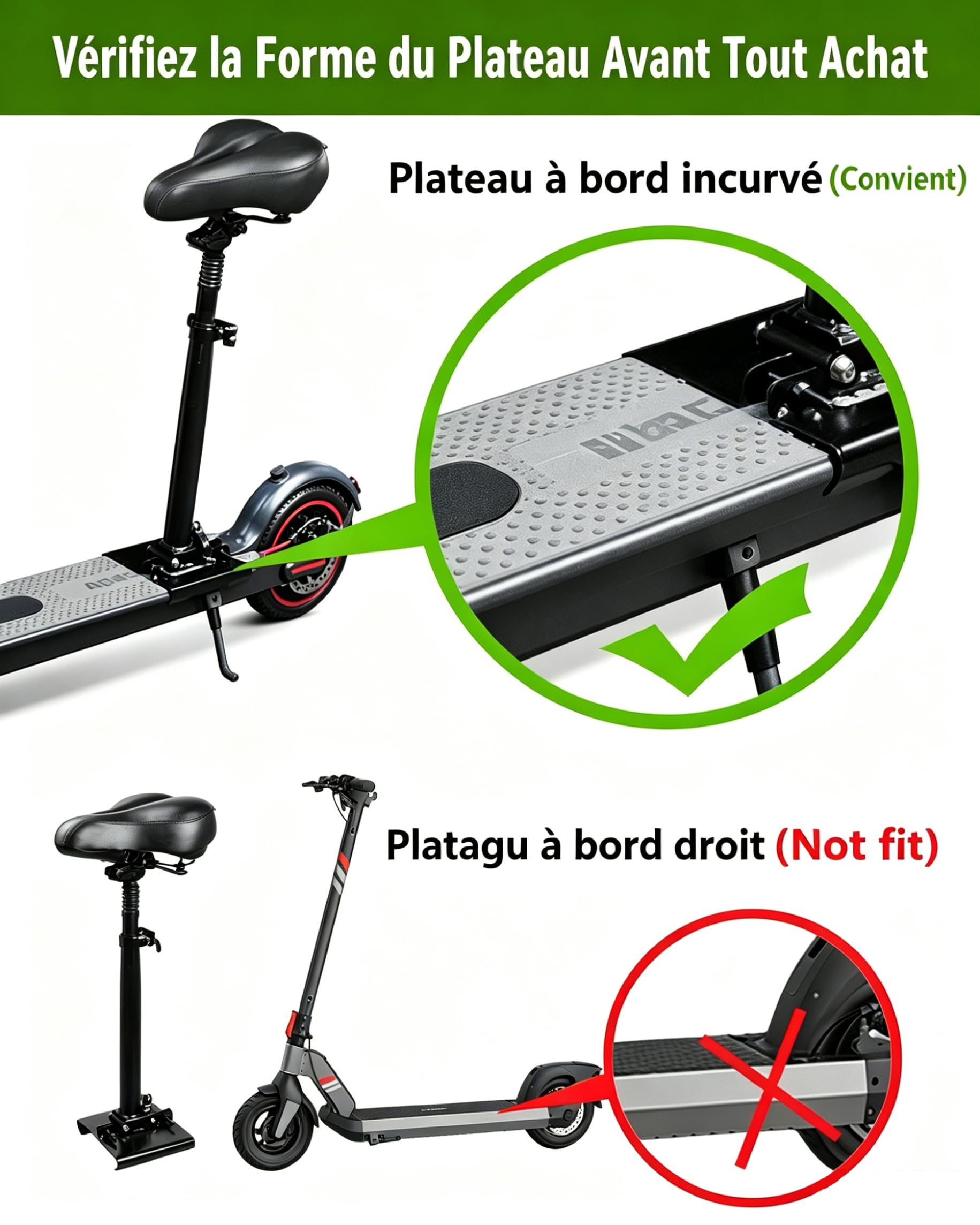 Siège de Trottinette Électrique Compatible Uniquement avec Plateau Incurvé de 13-18 cm Largeur, Antichoc, Pliable, 55-68cm Hauteur réglable, Adulte Selle Trottinette, Accessoire Trottinette Électriqu