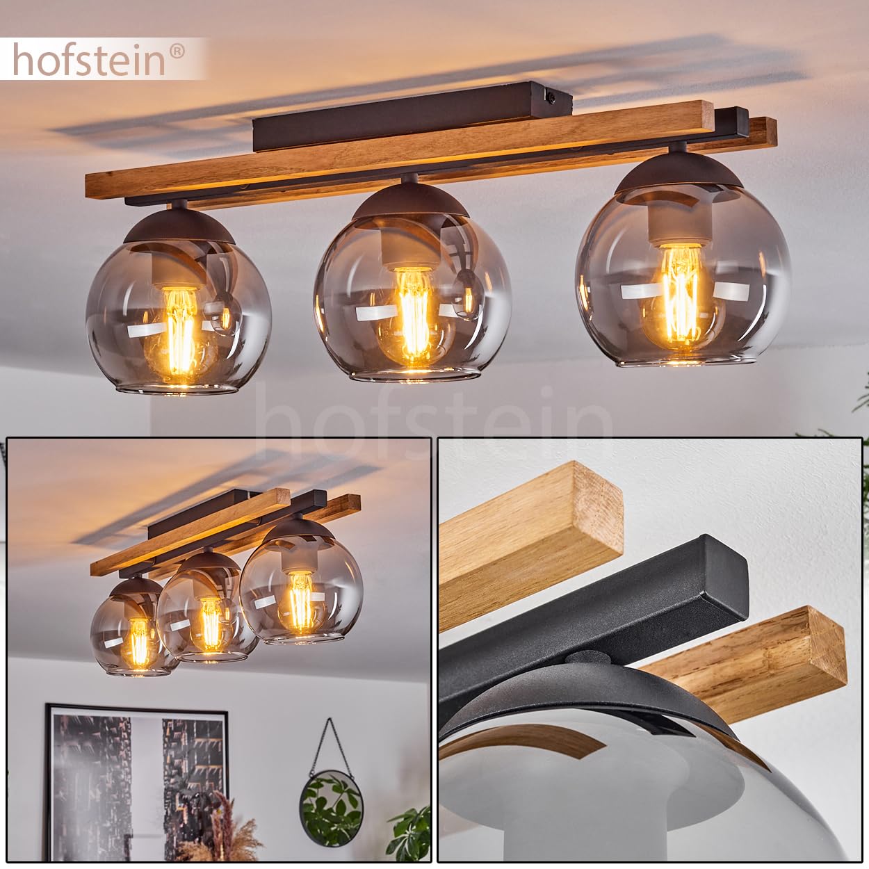 HOFSTEIN Deckenleuchte Podre, Deckenlampe aus Holz/Metall/Glas in Natur/Schwarz/Rauch, Leuchte im Retro/Vintage-Design mit Holzbalken, 3 x E27, Schlafzimmer, Wohnzimmer, Küche, Esszimmer