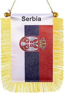 Serbia Hanging Flag Mini Small Serbian Car Window Flags Banners Rearview Mirror Décor Serbia Flags with Suction Cup Golden Fringed Double Sided 3 X 5 Inch