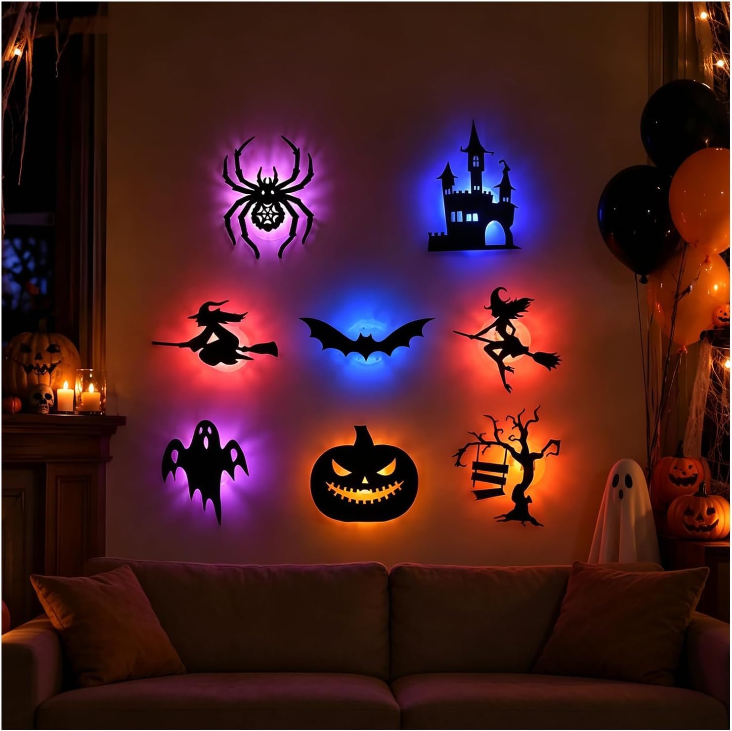 Halloween LED Wall Decor Lights, 8-Piece Spooky Silhouette Indoor Light Set