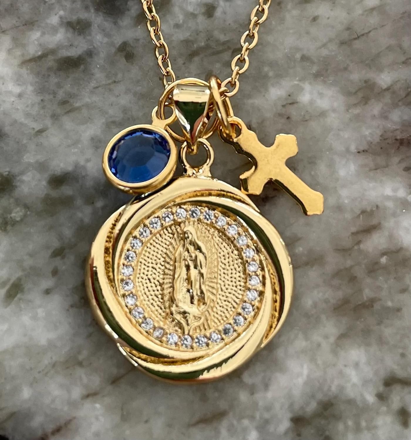 Personalized Virgin Mary Necklace – 14k Gold Filled Catholic Medal Pendant with Birthstone & Cross Charm – Blessed Mother Mary Jewelry – Baptism, Confirmation, Communion Gift - Image 2