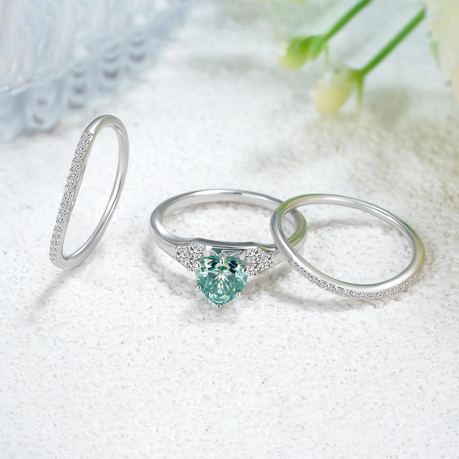 2.0 Carat(cttw) Heart-Cut Blue Green Moissanite Engagement Rings Sets for Women,10K 14K 18K Real Gold Moissanite Wedding Bands Sets,Bridal Ring Sets with Free Engraving | 3 Pieces