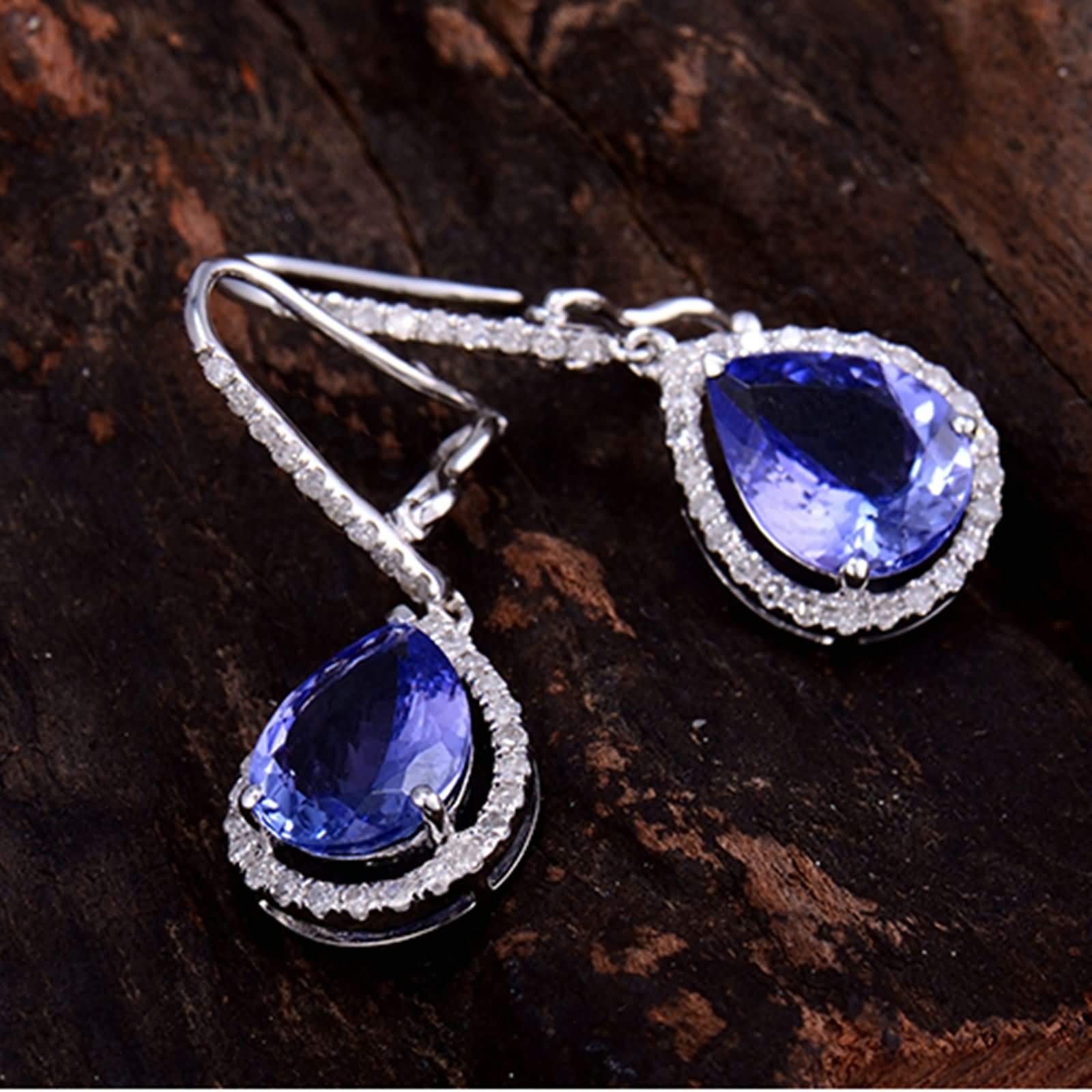 Epinki Weißgold 14K Ohrringe Silber Hängend, Anhänger Ohrstecker mit Tansanit 3.07ct Blau, Geschenk für Valentinstag, Weiß Gold Blau