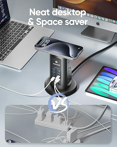 Miniatura 6 de Estación de carga USB de 115 W, torre de regleta de alimentación con protector de sobretensiones, 9 salidas de CA con 8 puertos USB (4 USB-C), cable
