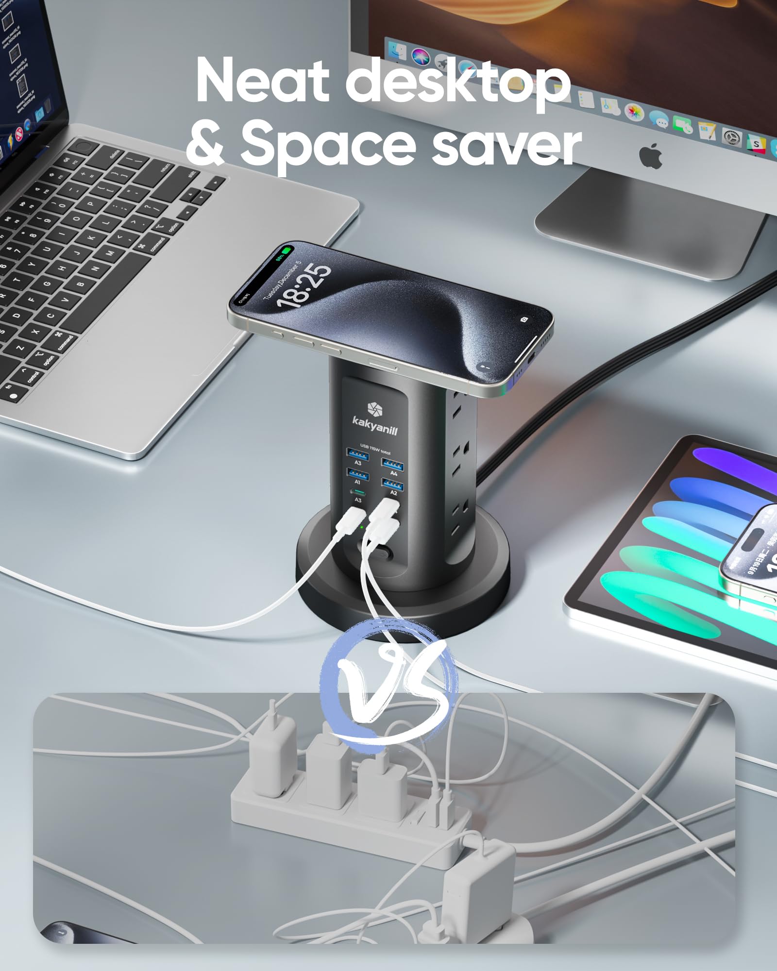 Kakyanill Stacja ładująca USB 115 W, listwa zasilająca z ochroną przeciwprzepięciową, 9 gniazd AC z 8 portami USB (4 USB-C), płaska, wysuwany przewód przedłużający