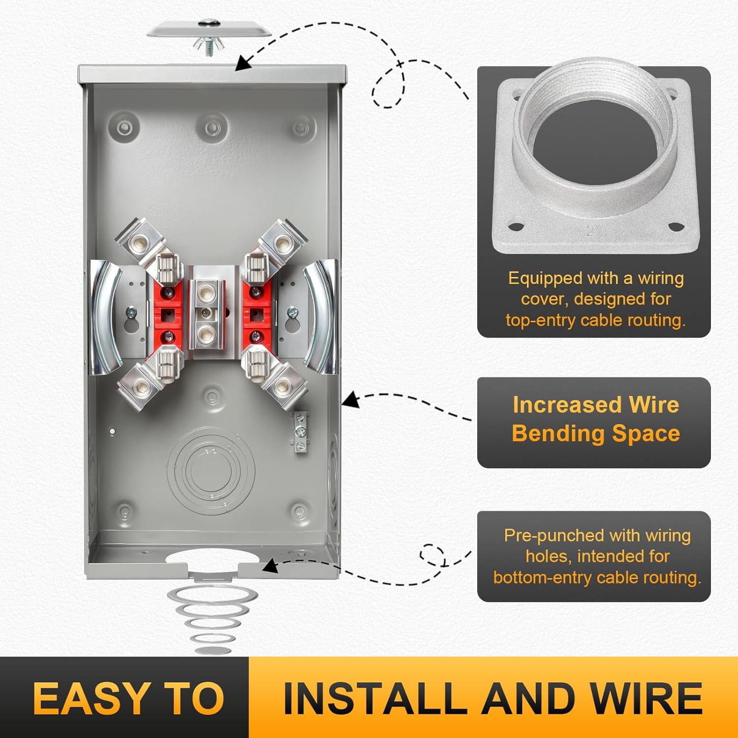 200A, 4 Jaw Electric Meter Box, with Meter Socket Hub, Stable and Reliable Current Transmission, NEMA 3R Enclosure, for Standard Plug-in Meters, Suitable for Overhead/Underground Feed - Image 6