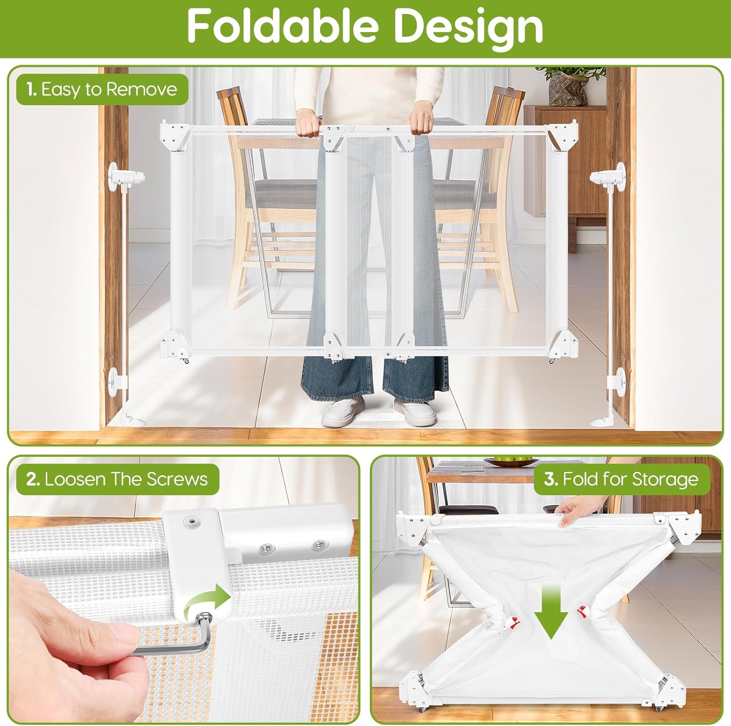 Color White No Drill Baby Gate for Stairs No Bottom Bar,  Adjustable Baby Gate with Large Walk Thru Door, Mesh Dog Gate for Doorways, Swing & Dual Openings, No Drilling Pet Gate Child Safety Gate, White