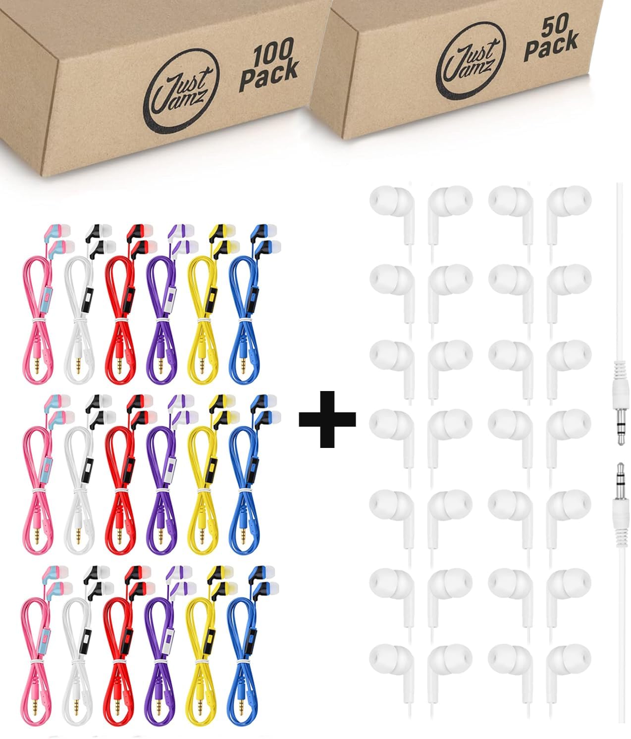 JustJamz 150x Multipack Wired Earbuds | 100 Multi-Color Earphones with Microphone + 50 Pearl White Earbuds (No Mic) | Bulk Earphones for Schools, Classrooms, Libraries, Offices, and Events