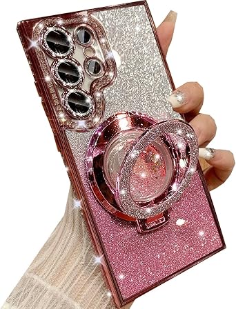 Changjia for Samsung Galaxy S23 Ultra Glitter Kickstand Case, Luxury Bling Sparkly Diamond Rhinestone with Camera Protector Liquid Ring Stand Women Girls Clear Phone Case for Galaxy S23 Ultra Pink