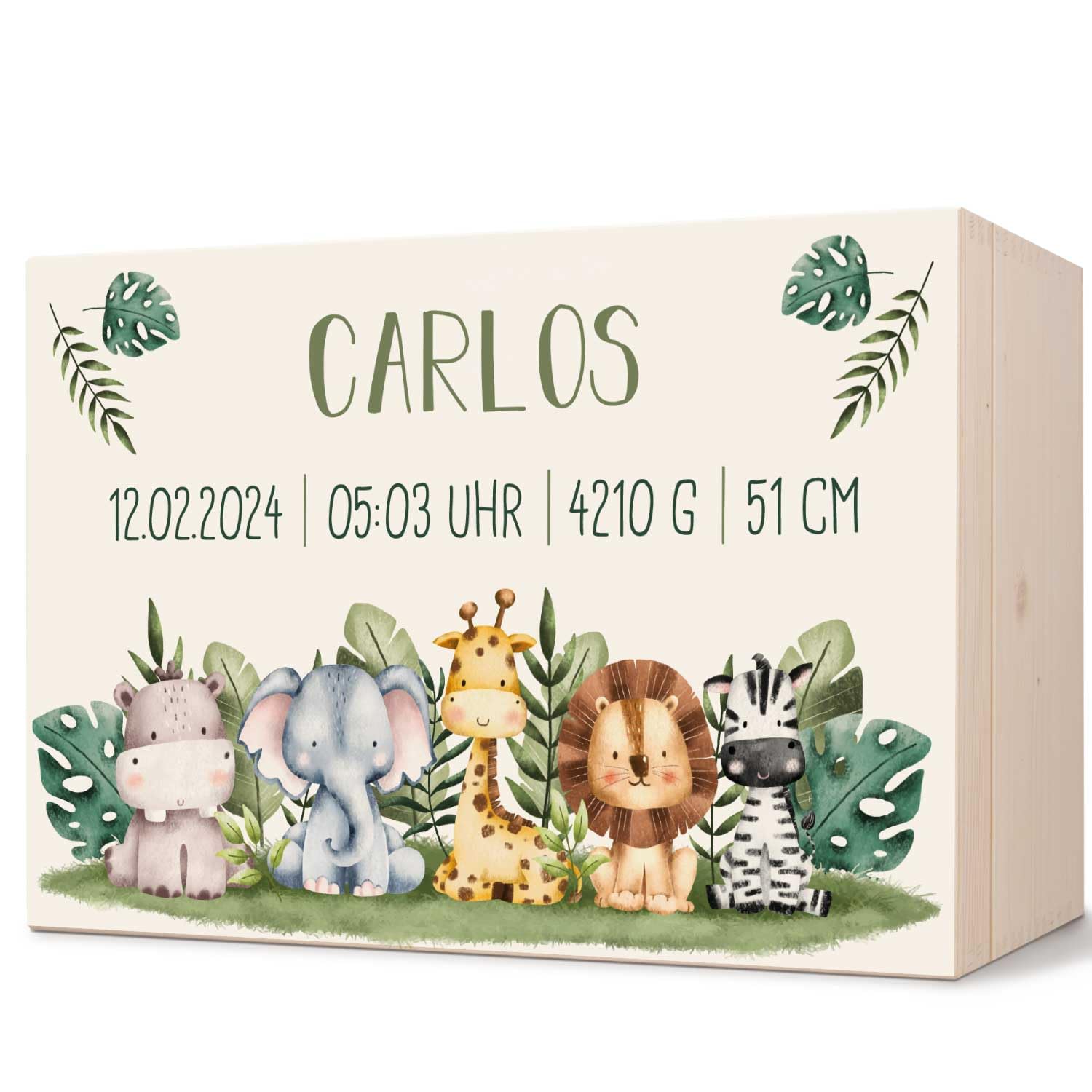 GRAVURZEILE Personalisierte Erinnerungskiste für Babys - Tiergruppe Safari - Personalisiert mit Name & Datum - Holzkiste für Mädchen & Jungen - Geschenk fürs Baby zur Geburt - Erinnerungsbox