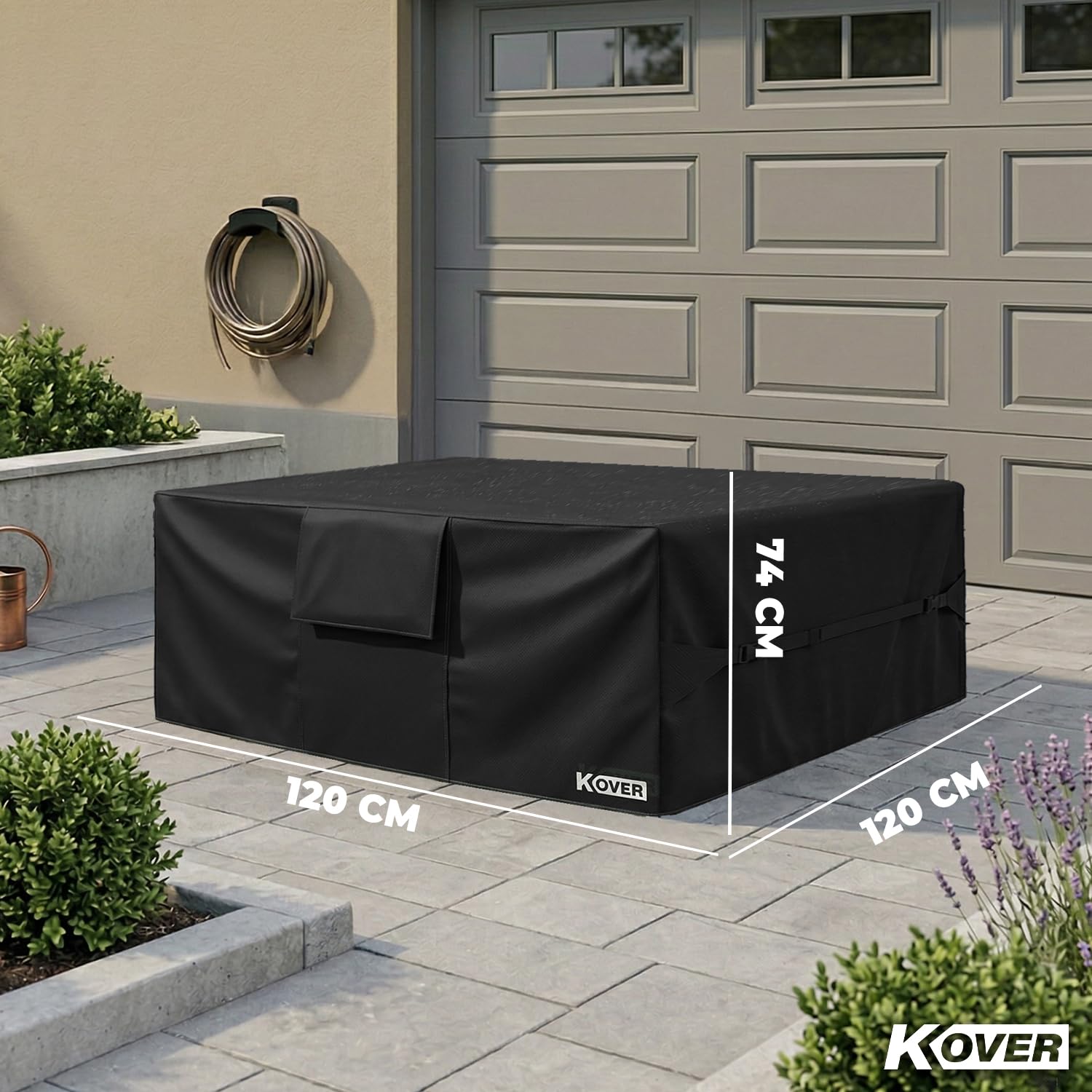 KOVER® | Funda Mesa Jardín Negra 120x120x74 cm | Funda Impermeable Oxford para Muebles de Jardín y Exterior | Protección UV Resistente al Viento | OriginalCorner