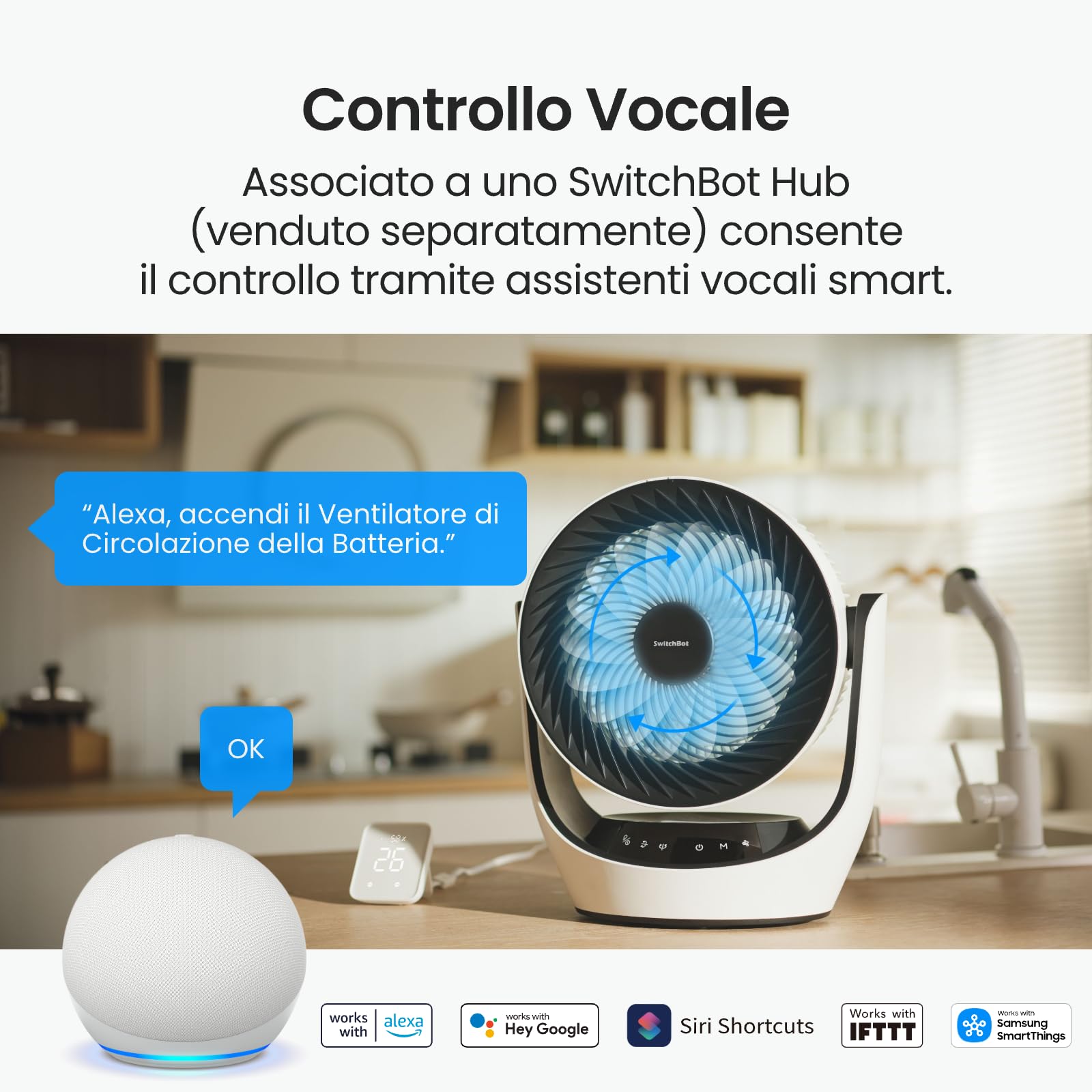 SwitchBot Ventilatore di Circolazione della Batteria USB, silenzioso con 24 dB, 4 modalità, timer 9h, compatibile con Alexa/Google/Siri (Hub richiesto), a batteria e a circolazione d’aria, efficiente