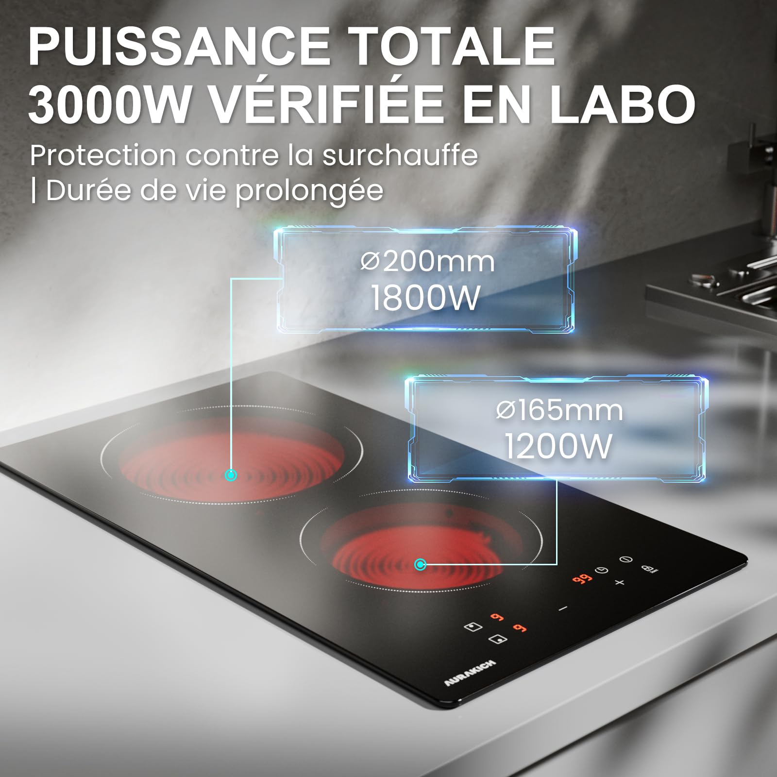 Plaque Vitrocéramique 2 Feux Encastrable 29cm 3000W Cuisson Electrique Commande Tactile Minuteur
