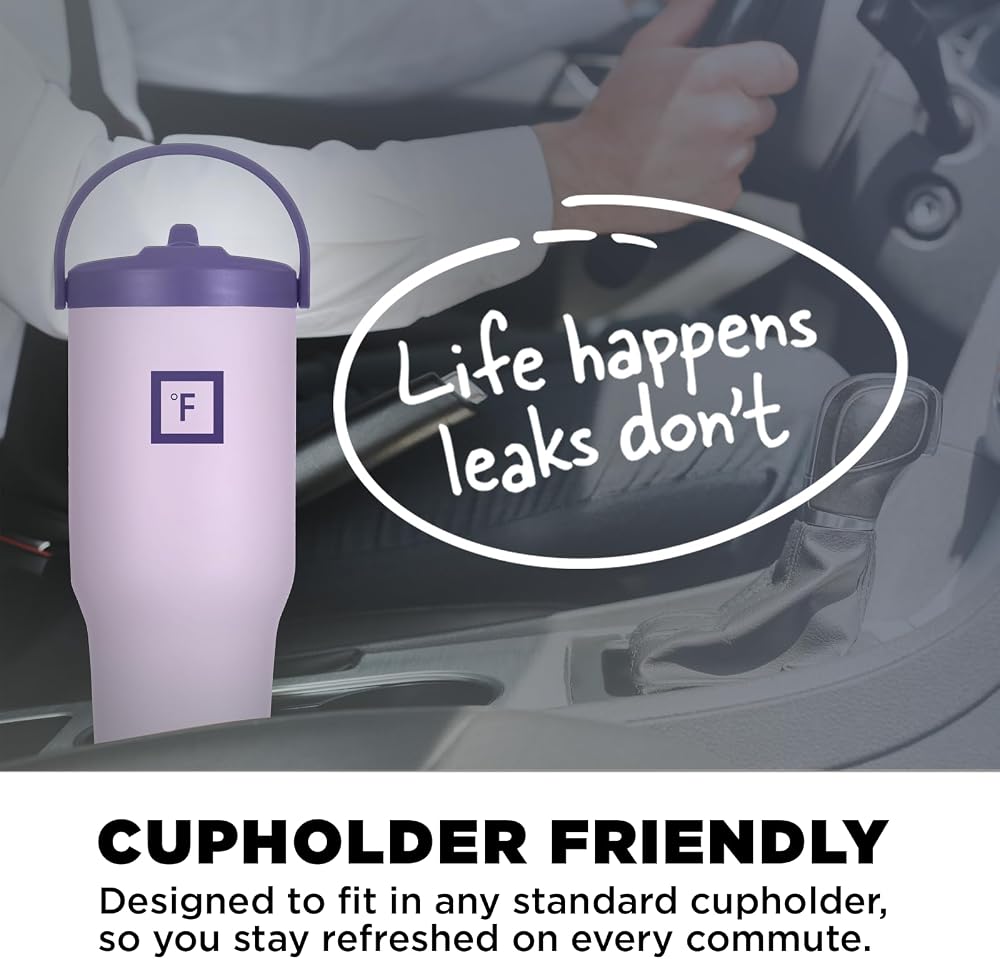 IRON °FLASK Sidekick Insulated Water Tumbler w/Straw & Foldable Handle -Stainless Steel Leak-Proof Bottle, Non-Slip Base, Fits Cup Holders for Hot, Cold Drinks -Travel Mug -30 Oz, Lavender Bliss