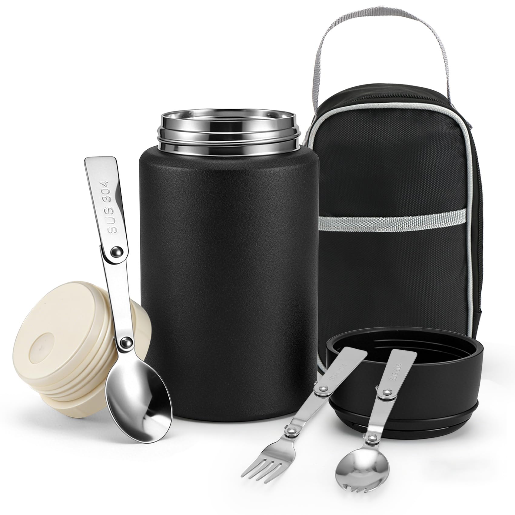 Juwacoo Black Food Flask With Foldable Fork And Spoon, 800Ml (28Oz) Stainless Steel Vacuum Insulated Food Container, Thermal Lunch Box Soup Container, Leakproof Hot Cold Soup Jar,