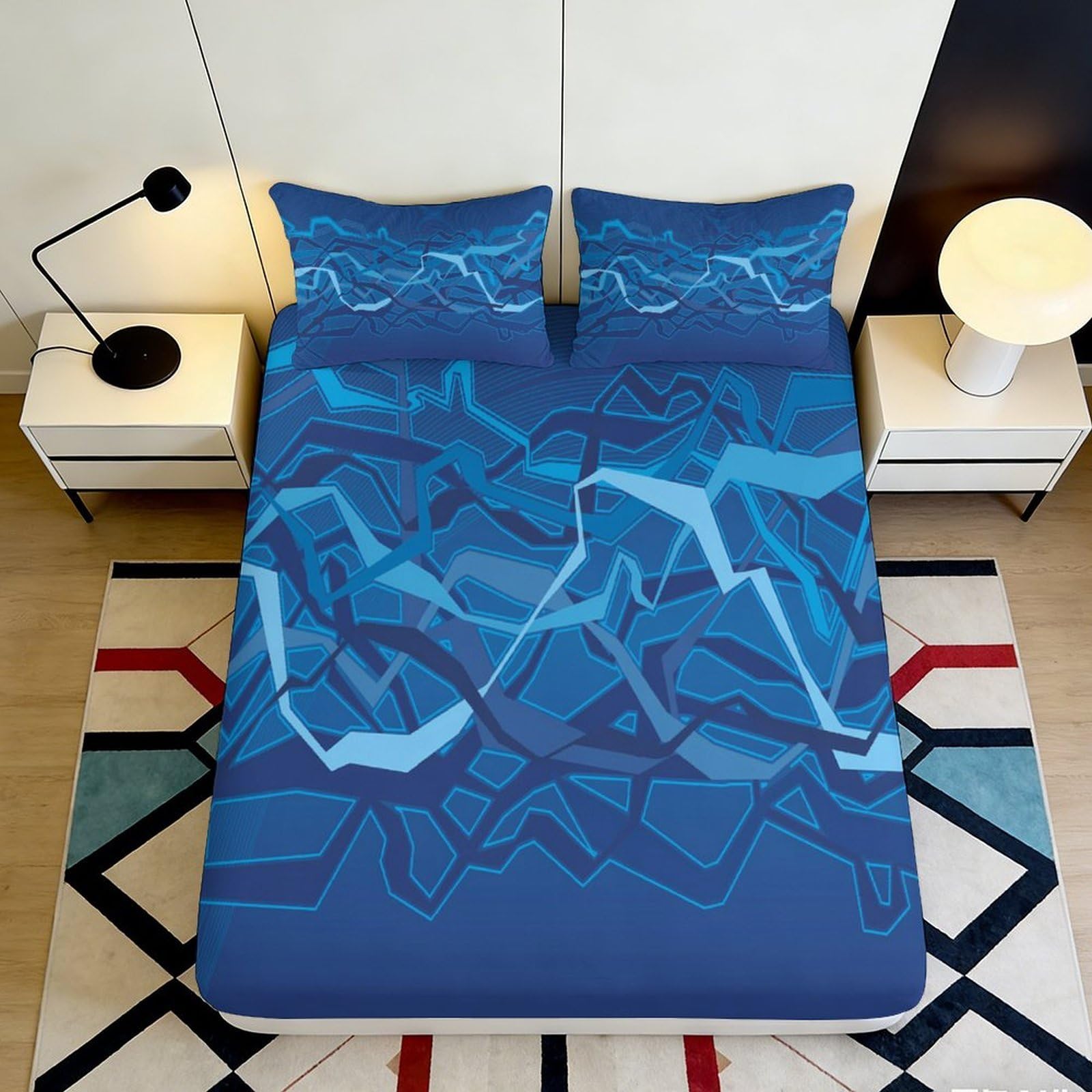 3D Printed Blue Abstract Fitted Sheet Microfiber Soft Breathable Geometric Bed Cover for Bedroom Dormitory Guest Room Mattress Protection 140x200x25cm