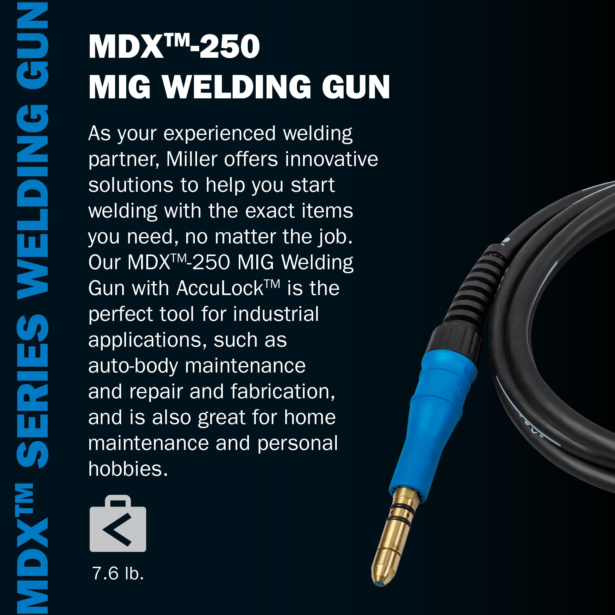 Miller MDX-250 MIG Welding Gun with AccuLock - Air-Cooled Welder Gun with 15 ft Cable - Easy-Grip Electric MIG Gun - Pulse Welding Capable MIG Torch - MIG Welder Gun with Optimized Wire Feeding (250A)