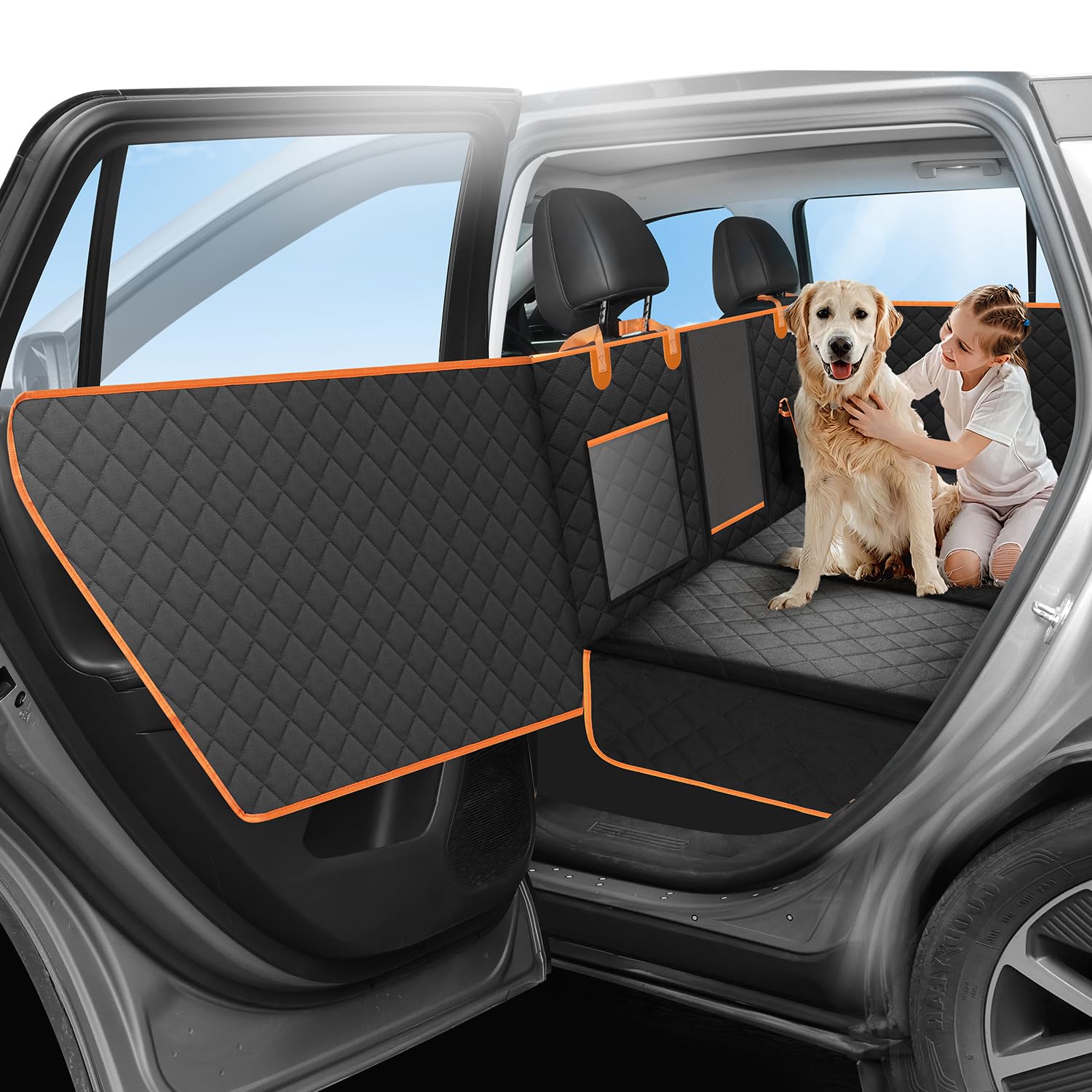 Pefitqap Back Seat Extender for Dogs with Egg-Crate Foam, Dog Car Seat Cover with Upgraded Door Protection & Hard Bottom, Waterproof Dog Hammock for Travel Camping, Fit Most Cars, Trucks, SUVs