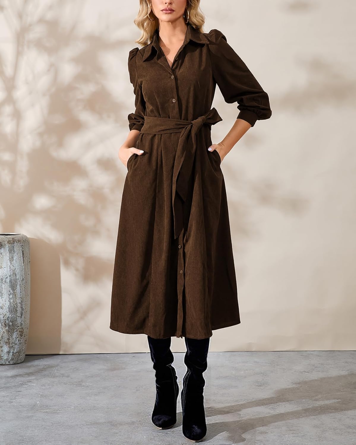 Women's Corduroy Midi Dress Long Sleeve Button Down Belted Flowy Shirt Dress with Pockets - Image 6