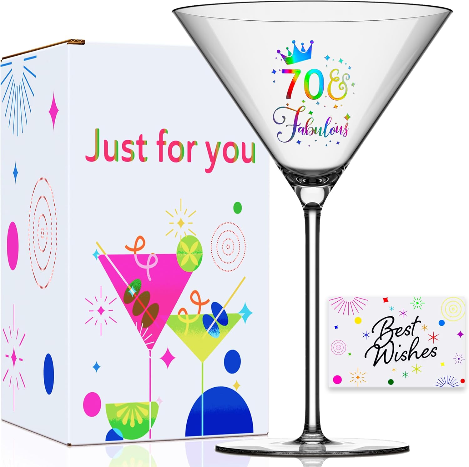70th Birthday Martini Glasses Gifts, Personalized Colorful Print ’70 Fabulous‘ Cocktail Glass Set for Women, Gift Package with Over Size Glass and Card for 70 Years Old Woman