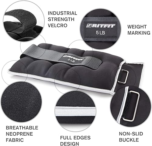 Miniatura 4 de RitFit Pesas de muñeca para tobillo (1 par) de 1 1.5 2 3 4 5 libras cada una con correa totalmente ajustable para brazos, manos y piernas, lo mejor