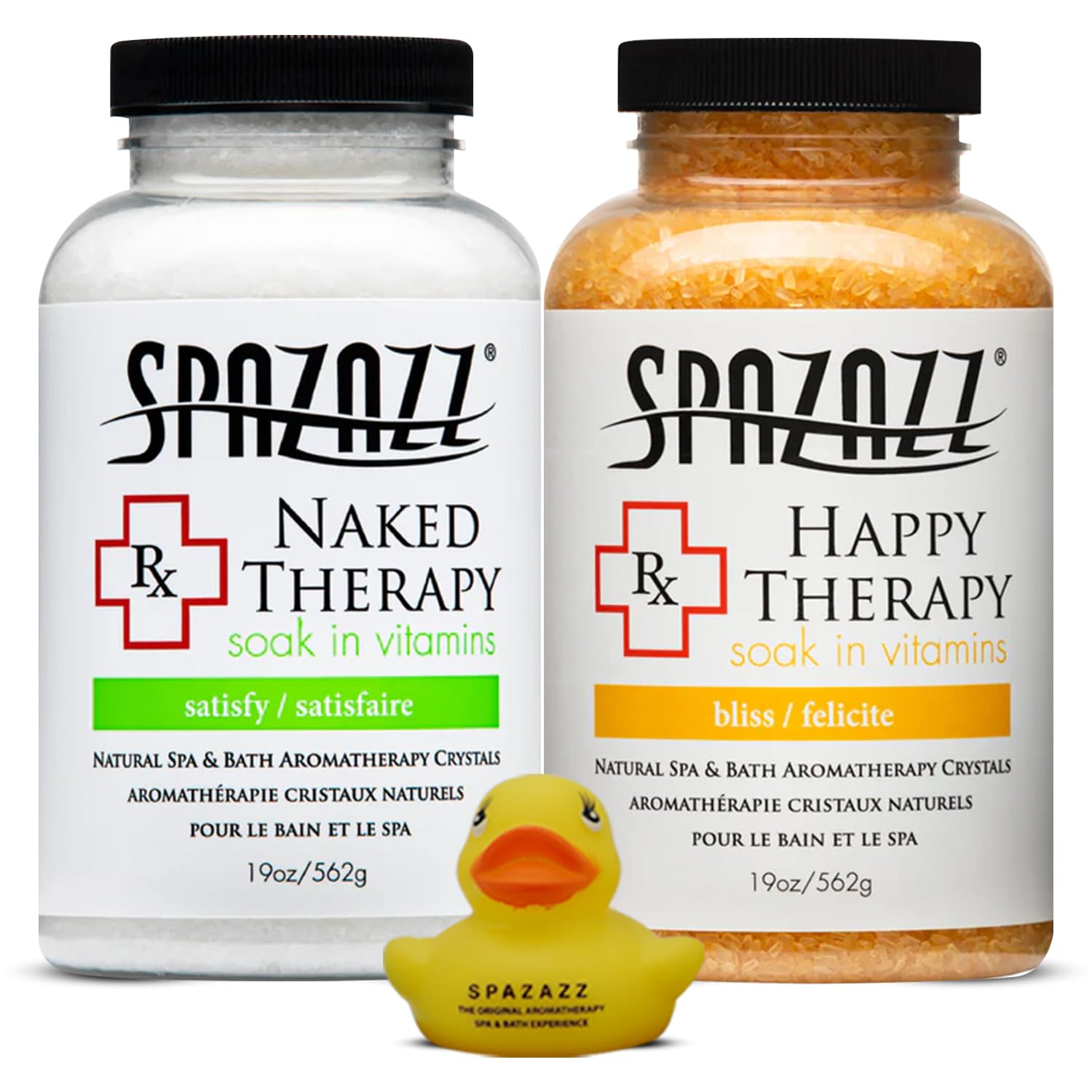 Spazazz Hot Tub Aromatherapy Bath Salt Crystals 2 Pack- Happy and Naked Therapy 19 oz Jars Plus a Spazazz Rubber Duck- Relaxing Hot Tub Aromatherapy