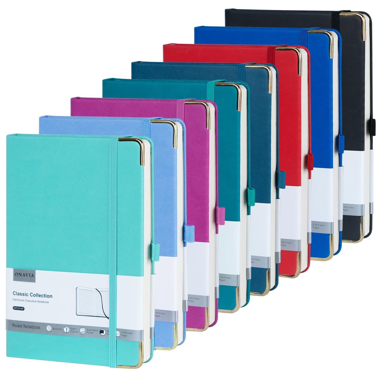 ONAVIA Cuaderno A5 Rayado Cuaderno de Viaje de Tapa Dura 21 x 14 cm, Classic Libreta de piel vegana, Diario Premium Lineas de notas con Papel Grueso de 100 g/m², Bucle de Lápiz y Bolsillo, Pack de 8