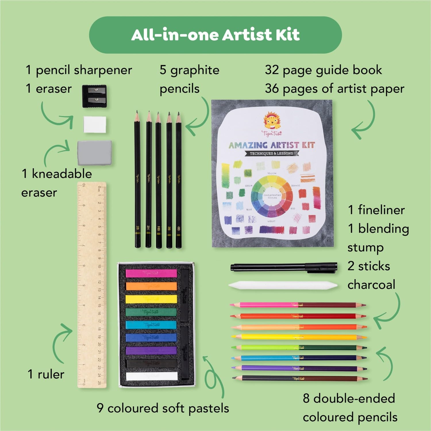 Tiger Tribe: Niesamowity zestaw artysty - zestaw wszystko w 1, instrukcja obsługi, materiały, grafitowe i kolorowe kredki, papier, gumki i nie tylko! Dzieci i nastolatki w wieku 8+