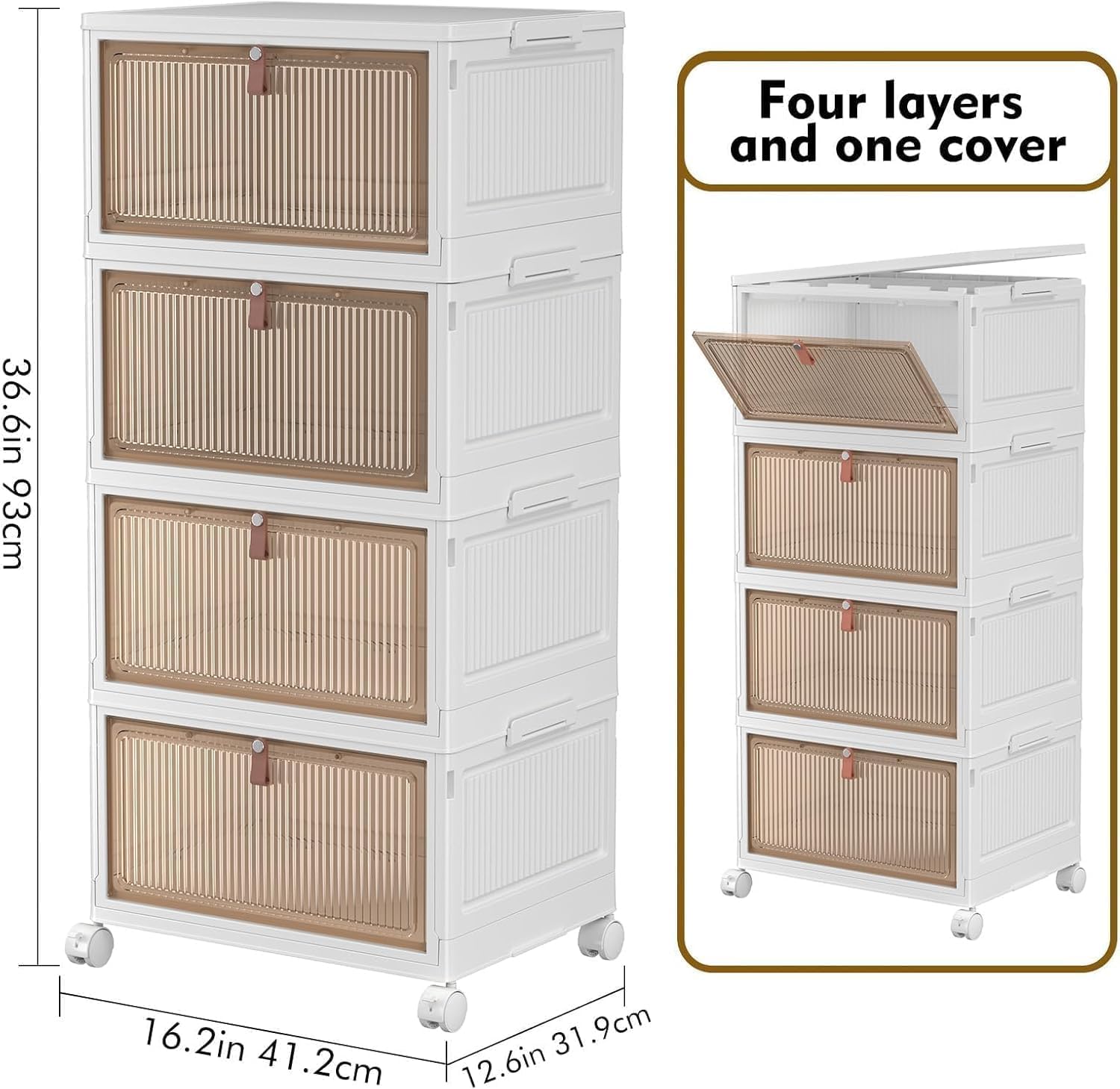 YFXCVSL 4 Tier Plastic Storage Bins with Lid 28QT - Stackable Storage Containers with Wheels, Folding Storage Boxes, Collapsible Storage Bins, Closet Organizers and Storage