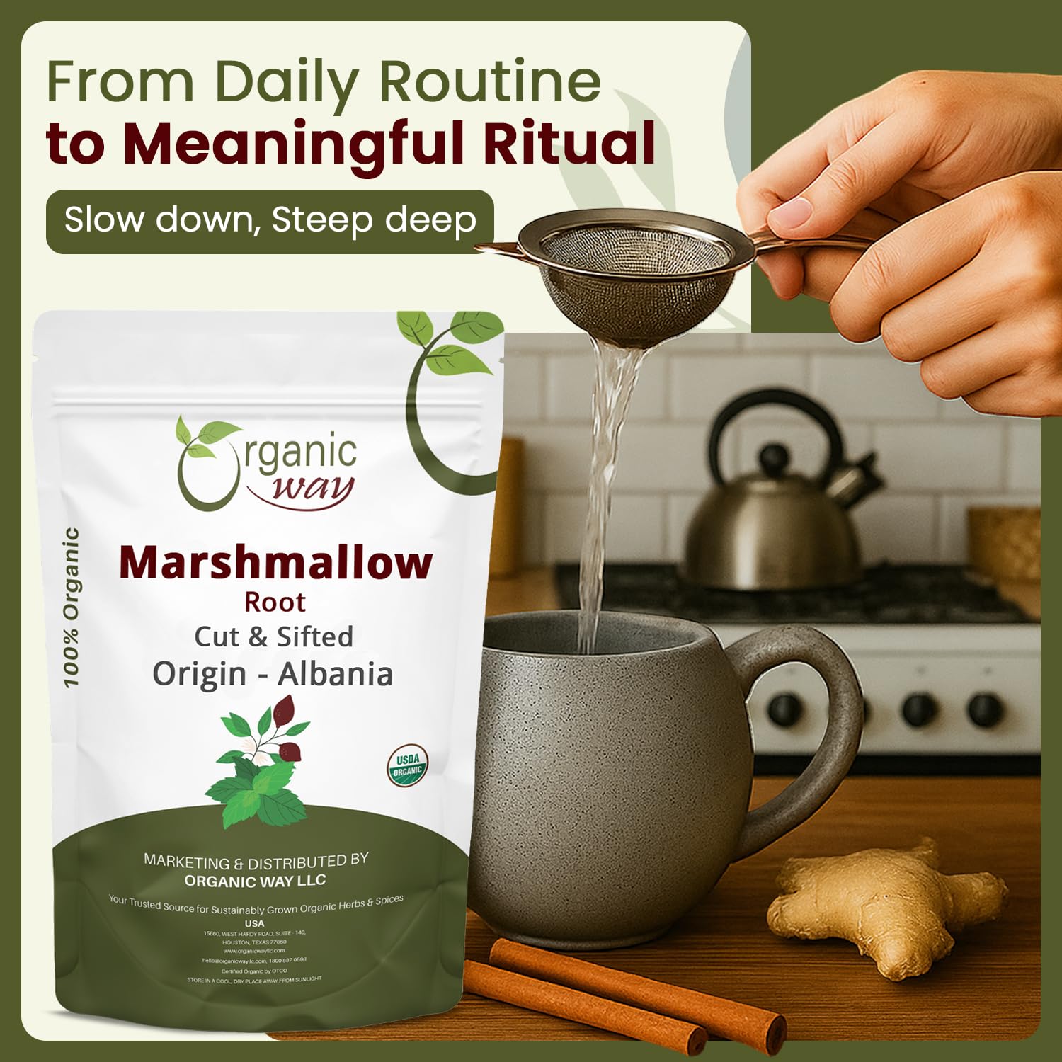 Organic Way Marshmallow Root (Althaea officinalis) Cut & Sifted - Herbal Tea | European Wild-Harvest | USDA & Kosher Certified | Vegan, Non GMO & Gluten Free | Origin - Albania (1LBS / 16Oz)