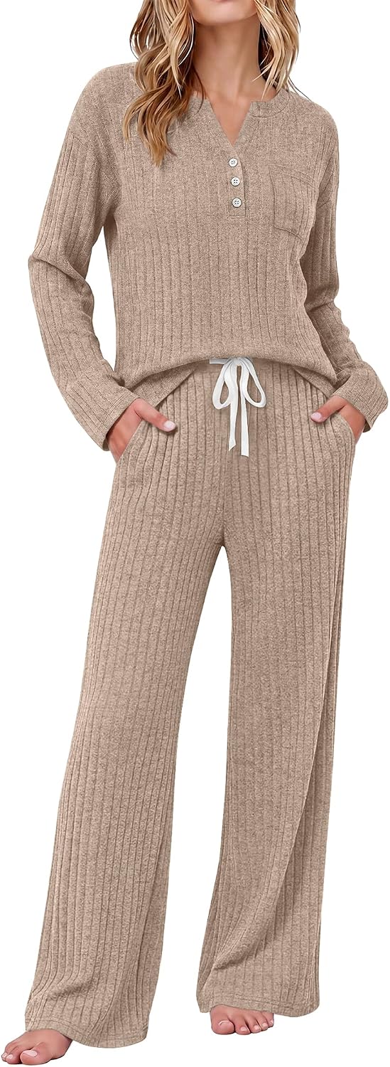 Ekouaer Women's 2 Piece Lounge Set Long Sleeve Knit Ribbed Pajama Sets