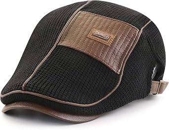 Elwow Mens PU Leather Front Flat Cap Knit Newsboy Cap Driving Fishing Irish Patch Beret Hat Dad Hat