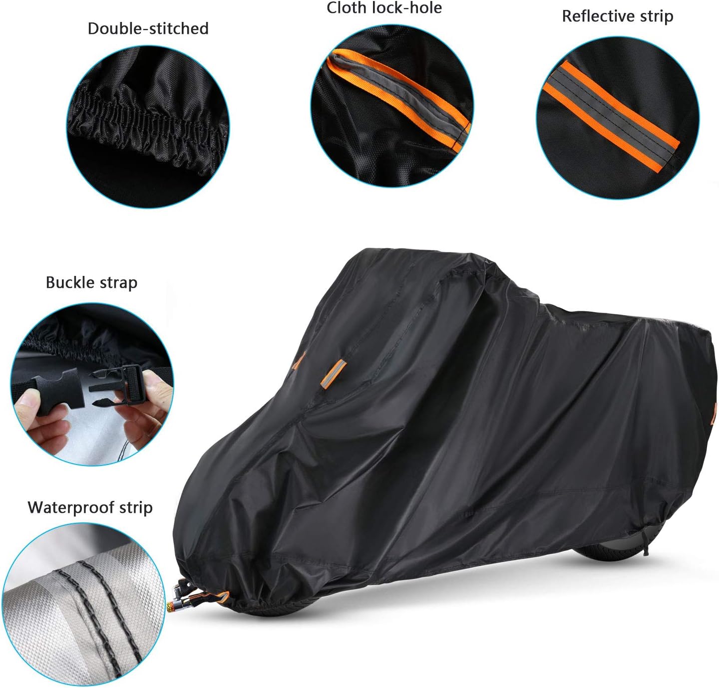 Onlyme Motorcycle Cover Waterproof Outdoor, UV Proof, Wind-Proof, Tear-Proof Motorbike Scooter Cover with Lock Hole & Buckle - Black (4XL: 295x110x140cm)