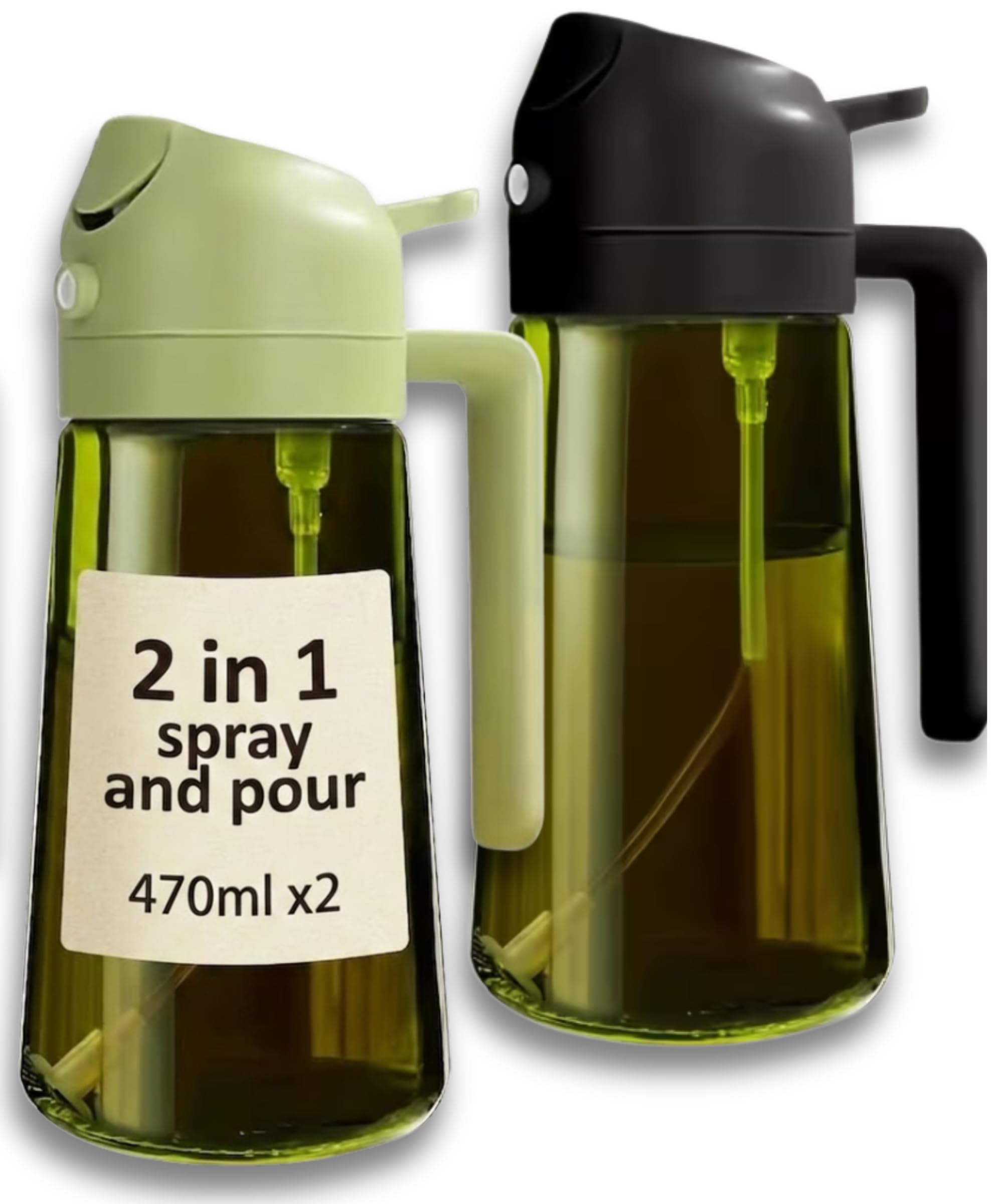 Electoys Green Black Glass Oil Spray Bottle - 470Ml Olive Oil Sprayer Mister Pouring For Cooking Air Fryer - Vinegar Dispenser Kitchen Gadget For Salad Bbq Baking Roasting And Food Prep - Pack Of 2 Bottles