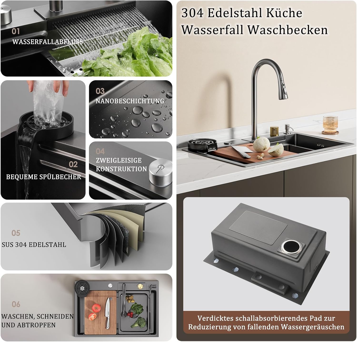 DSMRLEOP Waterfall Sink in Black, 304 Stainless Steel Sink, Multifunctional Kitchen Sink, Built-in Sink, Sink with Multifunctional Tap and Various Accessories