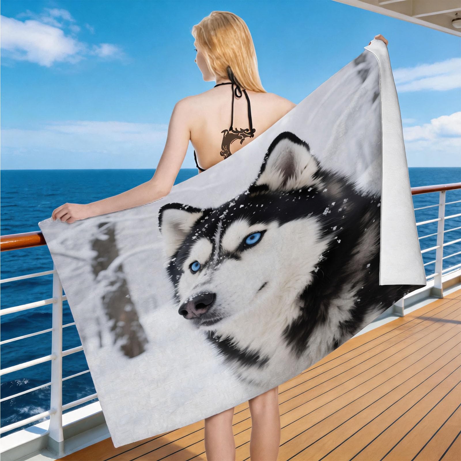 Hongduo Microfiber Quick Dry Beach Towel Snow Husky, 3D Winter Snow Scene Beach Towels Absorbent Fast Drying Bath Towels, Travel Camping Gym Swimming Bathroom (70x150cm)