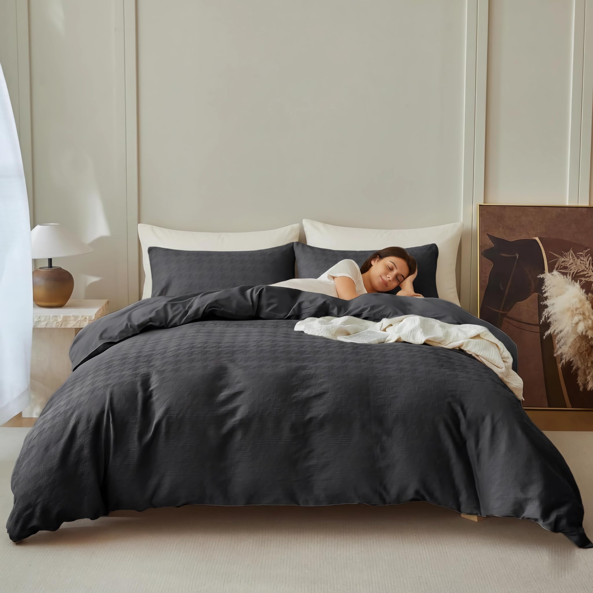 BISELINA 100% Cotton Waffle Weave Duvet Cover Set – Houndstooth Pattern, Soft & Lightweight Farmhouse Bedding, Breathable for All Seasons, 3PCS (1 Duvet Cover & 2 Pillow Shams) – Charcoal Grey, King