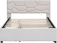 Vista 7 de Moderna cama tapizada de tamaño matrimonial, plataforma de tela de lino con cama nido de tamaño individual, base de cama de madera maciza