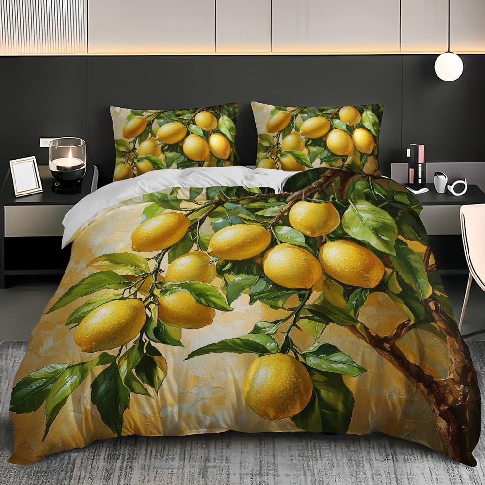 Motivo A Limone Di Frutta Copripiumino 2 Persona con Cerniera 240x220 cm Giallo Set Biancheria da Letto in Microfibra, Lavabile in Lavatrice, per Bambini, Adolescenti e Adulti