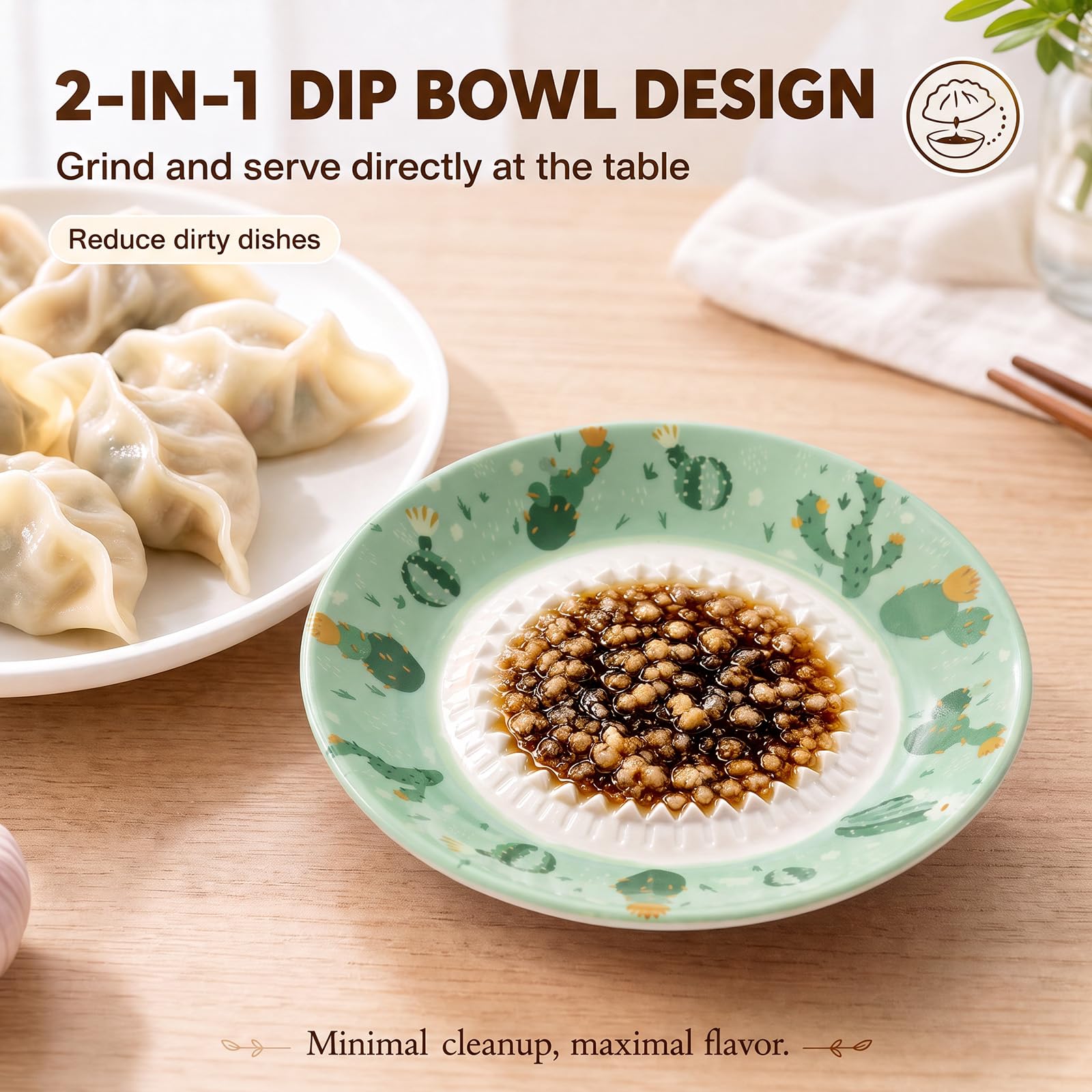 Garlic Grater Plate Set including Brush and Peeler, Dishwasher Microwave Safe, Green Cactus - Image 4