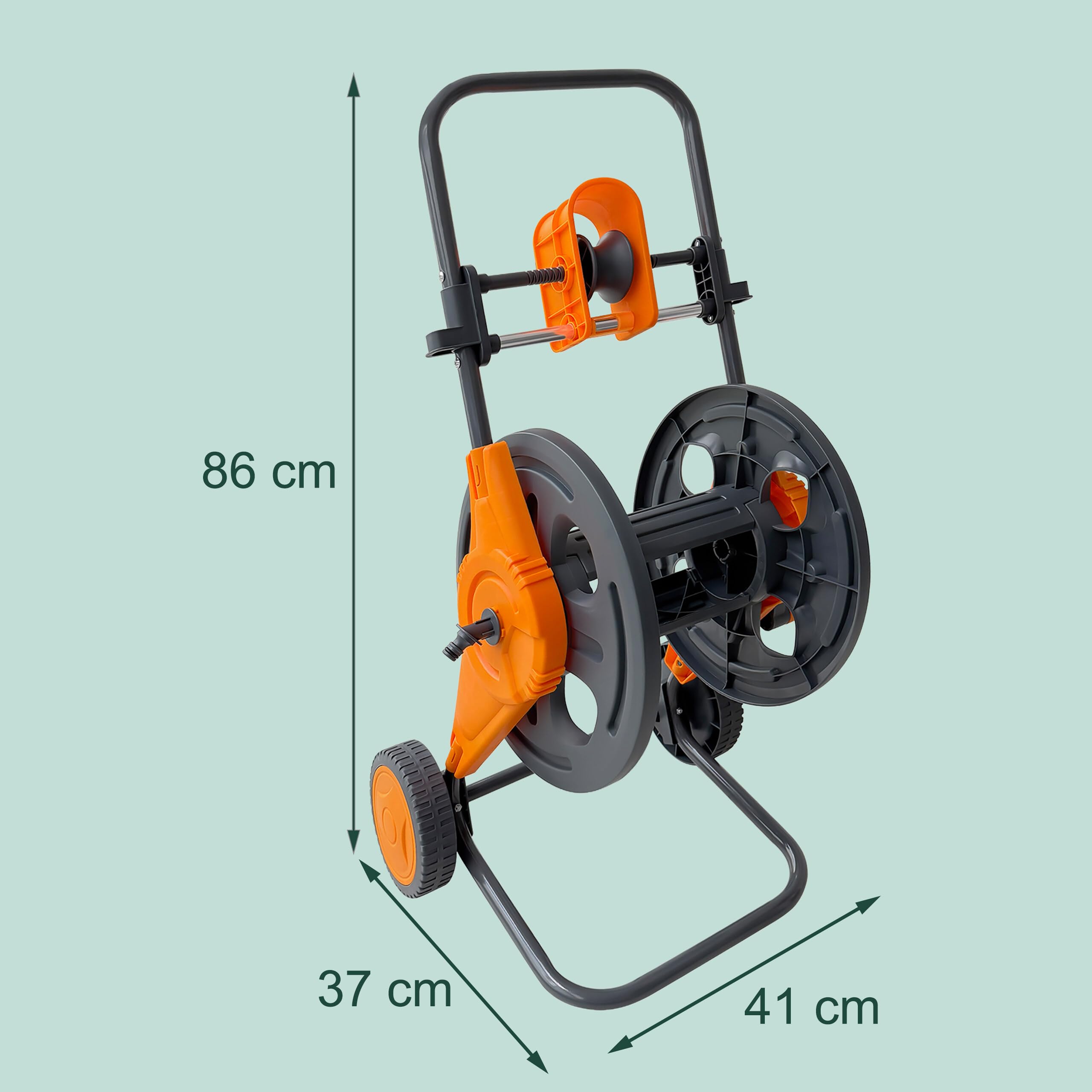 Relaxdays Chariot dévidoir 60 m, raccord à clic, Guide-Tuyau, 2 Roues, métal/Plastique, Gris/Orange, 86 x 41 x 37 cm