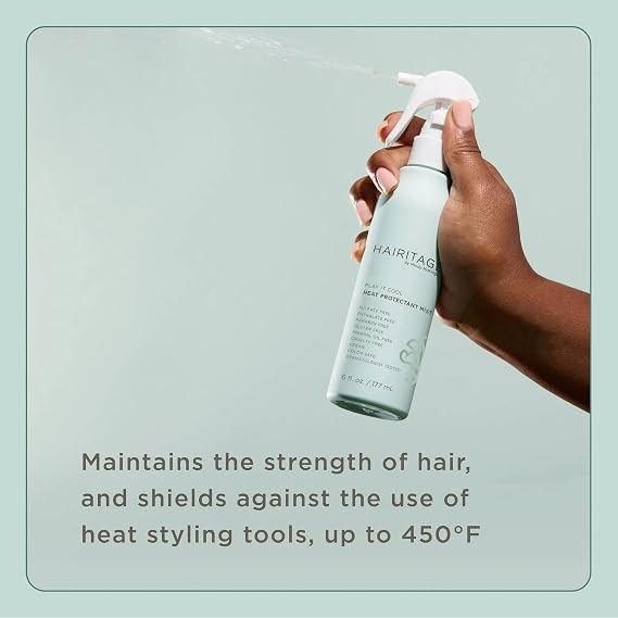 Hairitage Heat Protectant Spray for Hair - Up to 450 Degree Protection + Hydrates + Strengthens Hair - Leaves Hair Smooth + Shiny after Styling - For All Hair Types + Heated Styling Tools - 6 fl oz