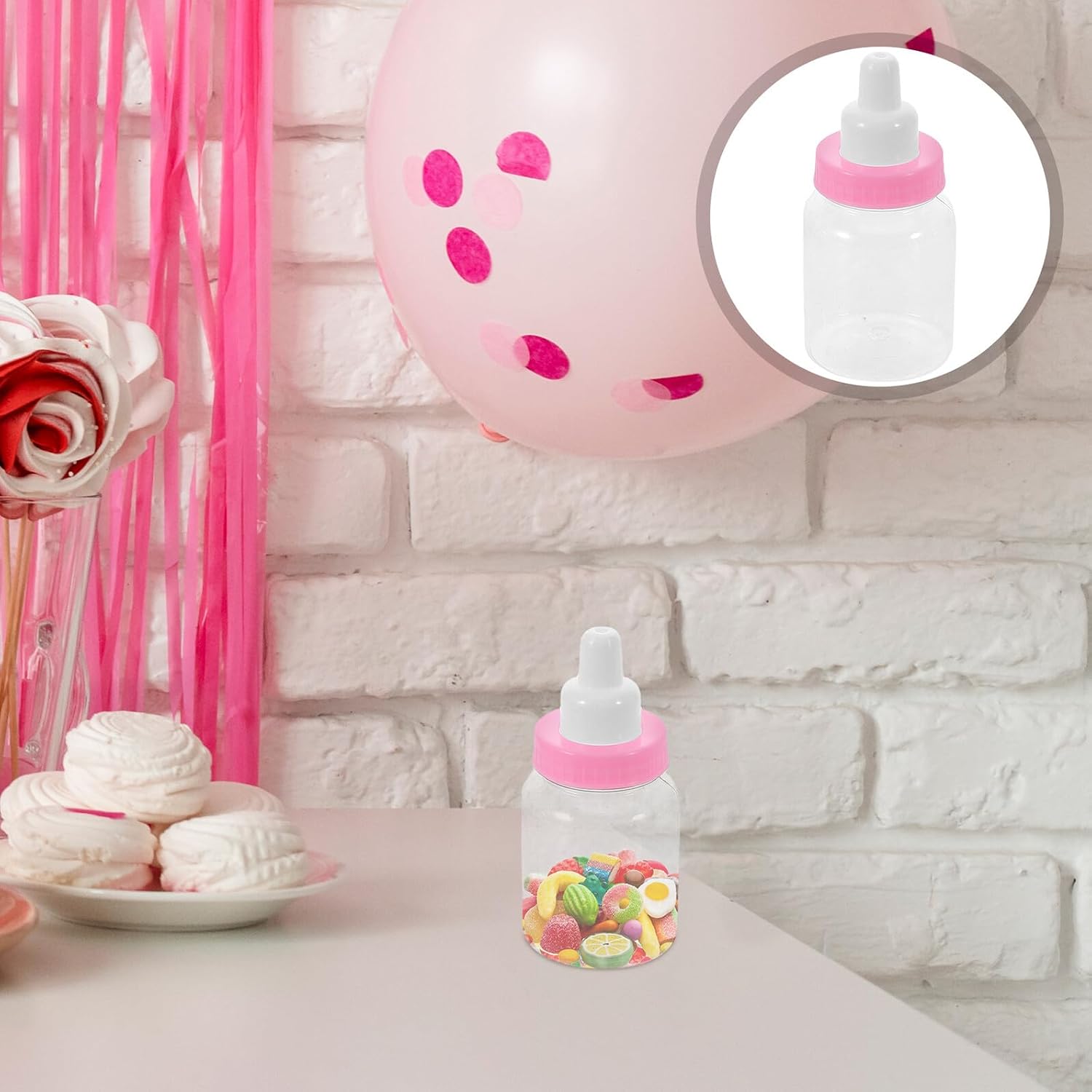 48pcs Refillable Bottle Candy Boxes Plastic Feeding Bottle Party Favor Containers Pink for Shower Birthday