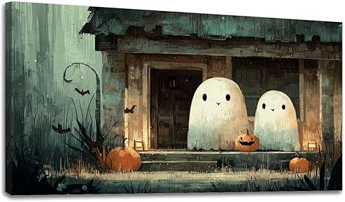 24"x 48" Canvas Wall Art Vintage Ghost Pumpkin Halloween Spooky Round Dark Cottage Framed Pictures Painting Print Large Wall Art for Living Room