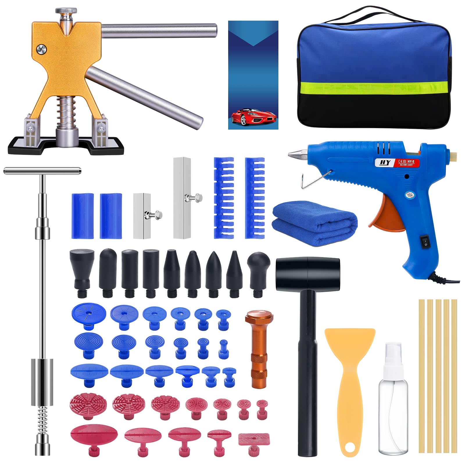 XINISS Dent Puller Kit, 58pcs Paintless Dent Repair Kit with Lifter, Slide Hammer T-bar Dent Puller, and Glue Gun for Car Dent Remove for Automobile Body Motorcycle Refrigerator