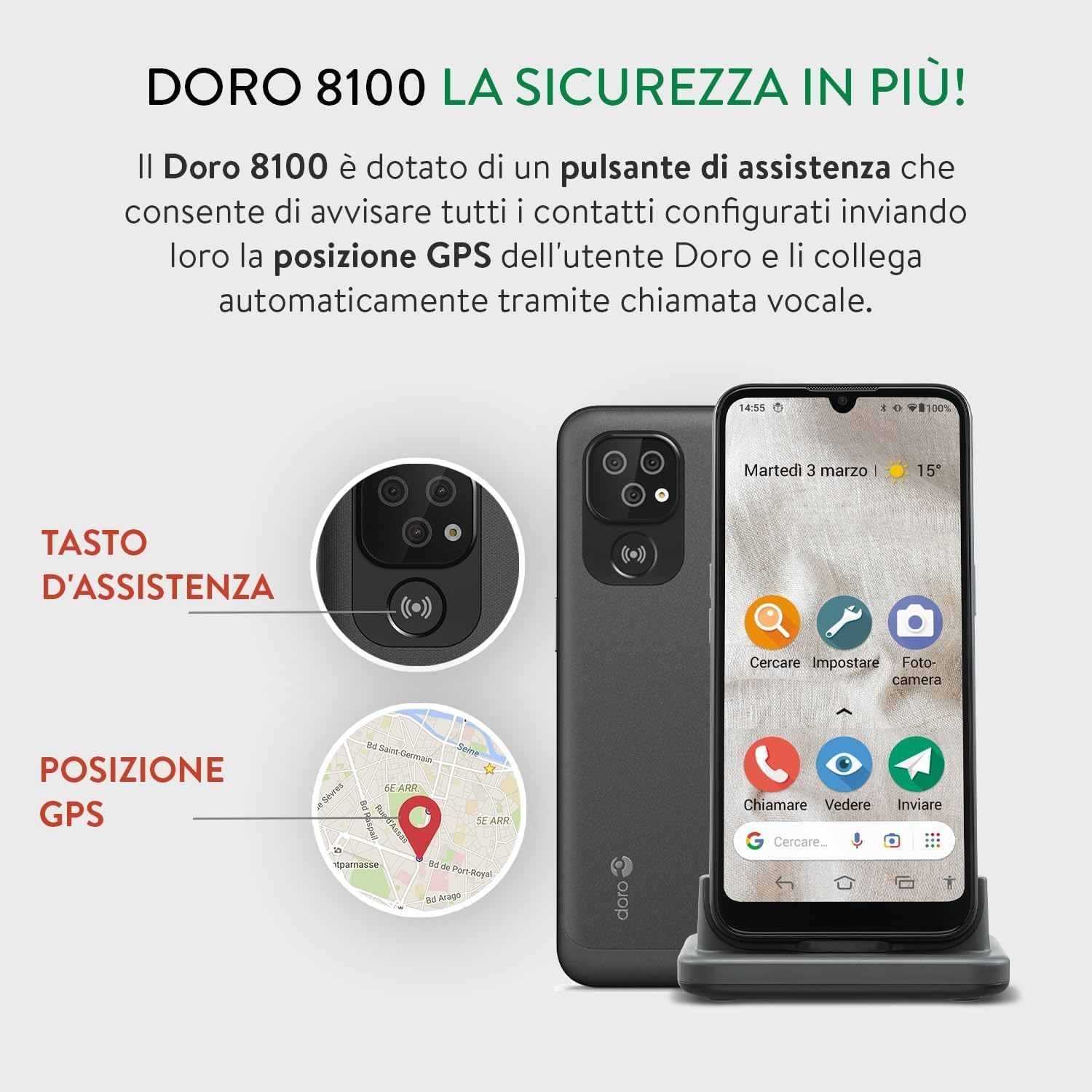 Doro 8100 Plus 4G Smartphone Sbloccato per Seniors, Resistente all'acqua, con tripla fotocamera, schermo 6.1", GPS, riconoscimento facciale, supporto caricatore e custodia (nero)